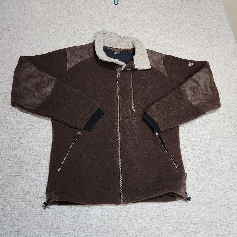 KUHL Full Zip Fleece Jacket Mens Large Brown Sherpa Collar Wool Blend Patches